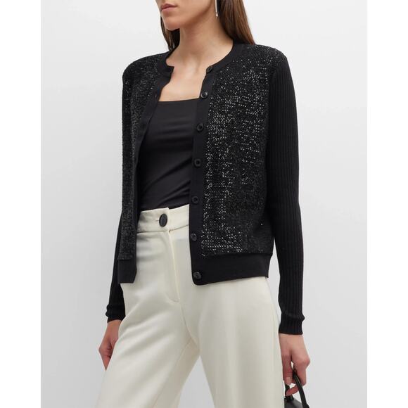 CURRENT St John Sequin-Front Wide Rib Knit Wool Silk Cardigan sz M $795 - Picture 13 of 13